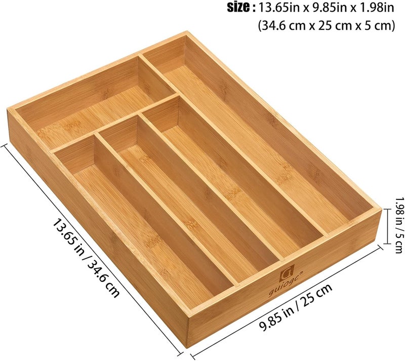 guiogc Kitchen Bamboo Silverware Drawer Organizer，Silverware Organizer and Cutlery Tray with Grooved Drawer Dividers for Silverware, Knives in Kitchen, Bedroom (5 Slot-Natural) - Image 2